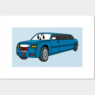 Cute happy blue Limousine cartoon car Posters and Art